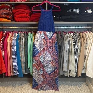 As U Wish blue/white/pink print back button sleeveless lined maxi dress size S